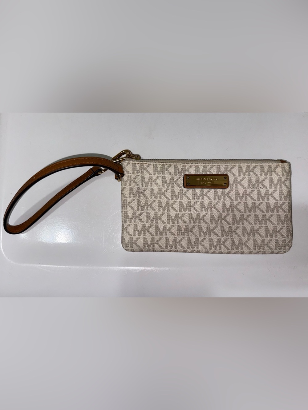 Michael Kors Beige MK Logo Wristlet with Tan Strap